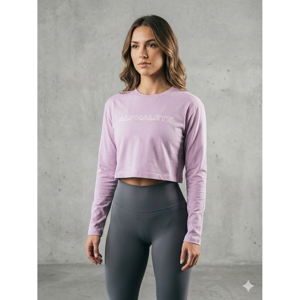 Alphalete Athleisure Logo Long Sleeve Lifestyle Fit Crop Top‎ Purple Small